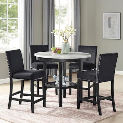 5-pc Wooden Round Counter Height Dining Table Set, Faux Marble Table with 4 Fabric Upholstered Nailhead Trim Dining Chairs