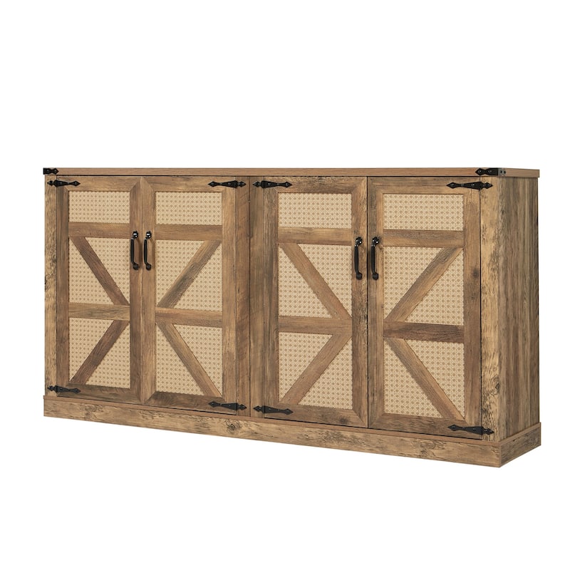 Faux Rattan 4-Barn Doors Sideboard with Adjustable Shelf