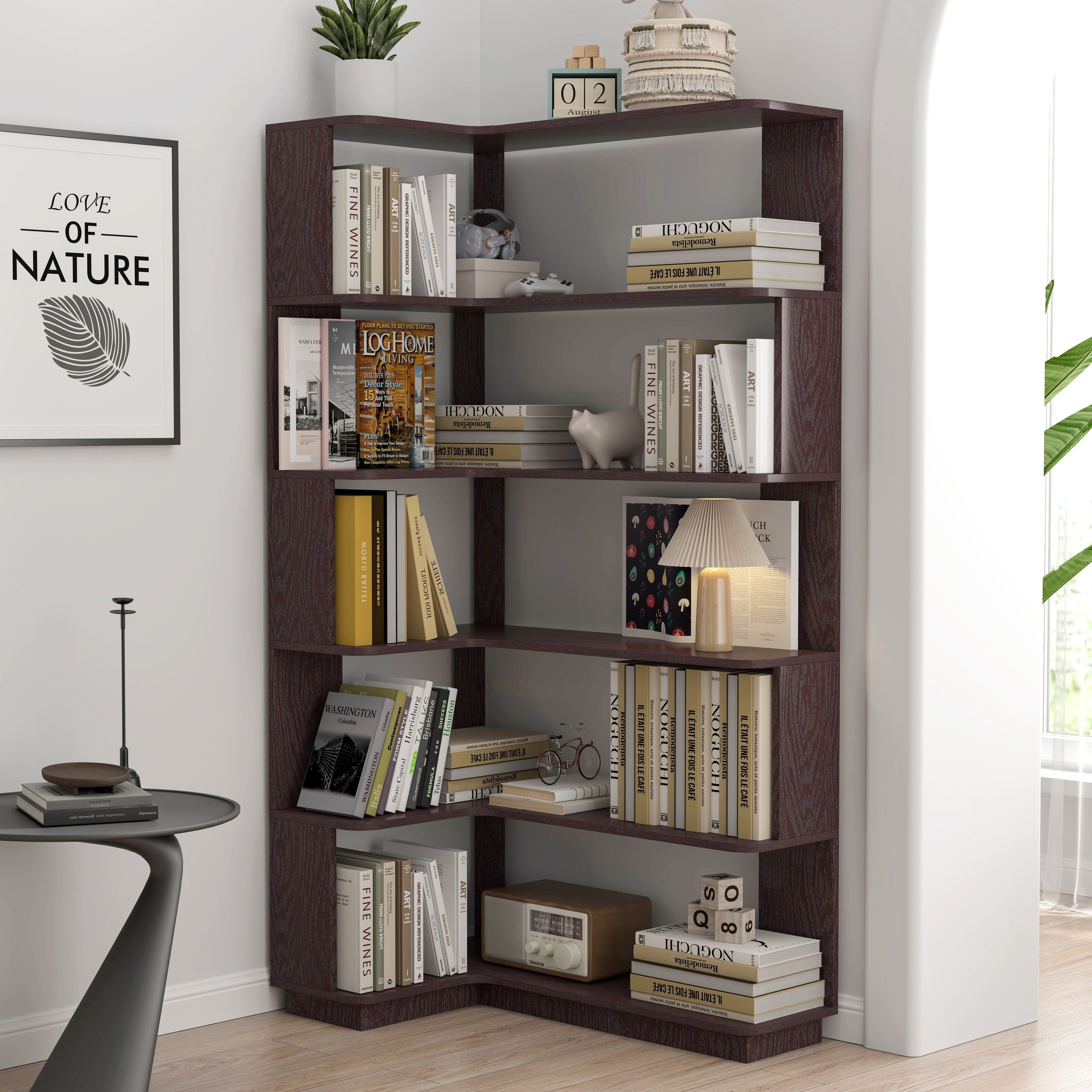 90cm (35.43") Extended Size Freestanding L-Shaped Corner Bookshelf, Anti-Drop Wooden Bookcase With Anti Tipping Device