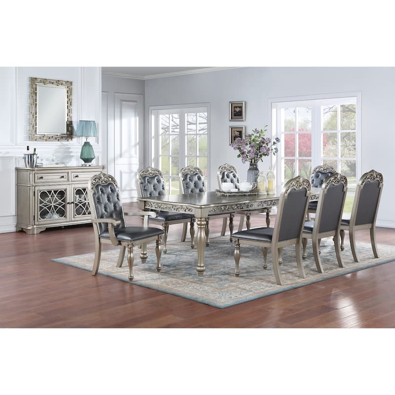 Formal 1pc Dining Table w 2x Leaves Only Silver / Grey Finish Antique Design Rubberwood Large Family Dining Room Furnitu
