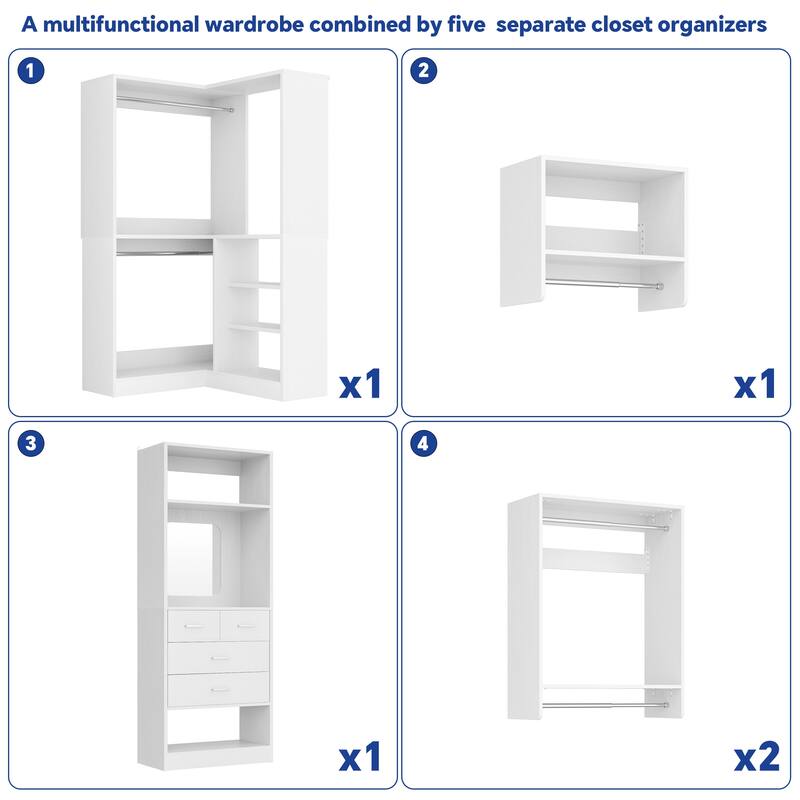 Set of 4/ 5 Modular Closet System with Drawers and Mirror, Corner Closet Organizer with Hanging Rods and Shelves