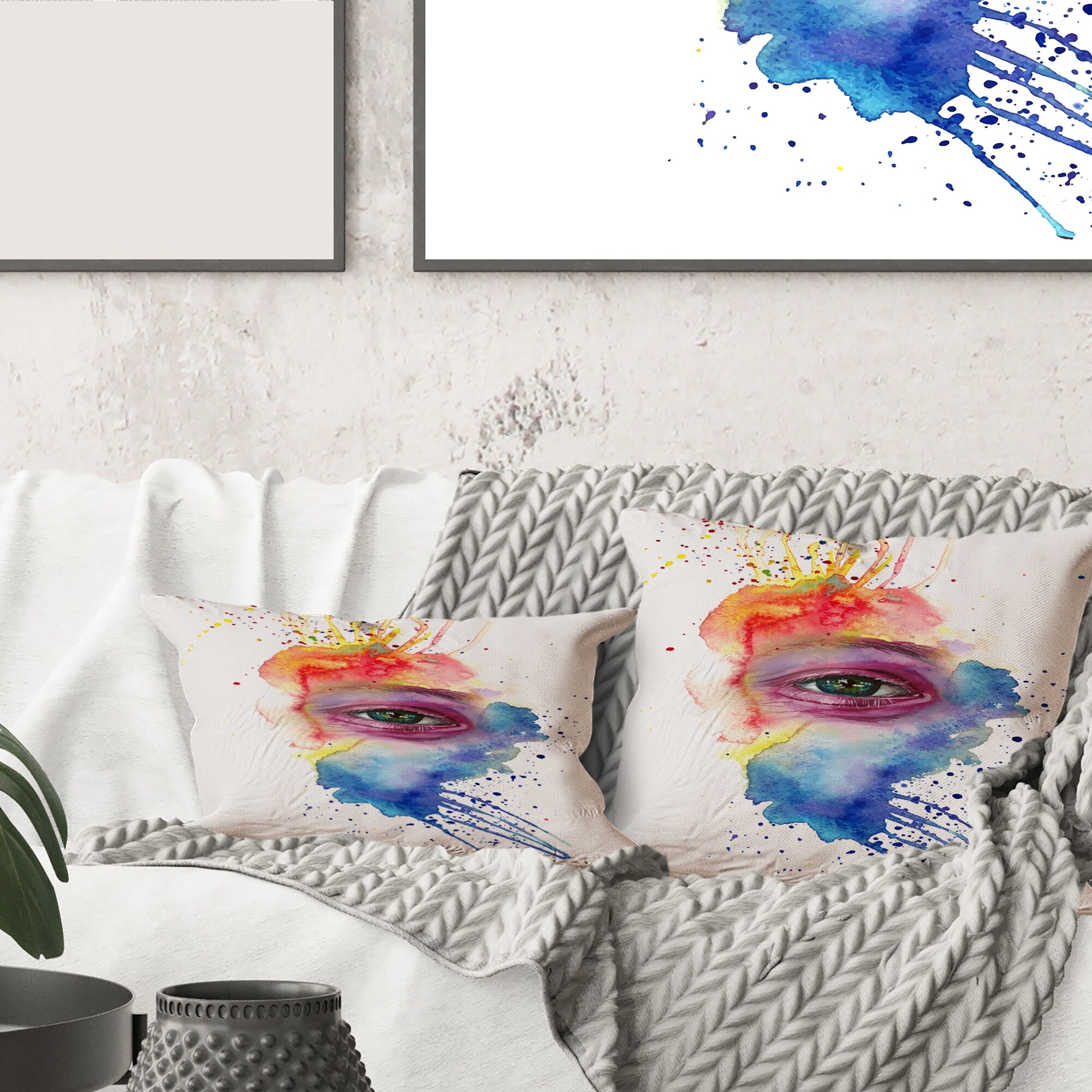 Designart Detail of Eye In Multi Colored Face Portrait Bohemian Eclectic Printed Throw Pillow