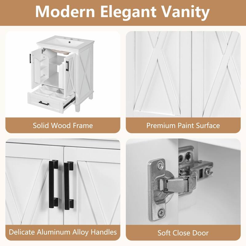 30" Bathroom Vanity - Solid Wood Frame, Single Sink, 2 Soft-Close Doors, Divided Drawer & Dual Storage Shelves