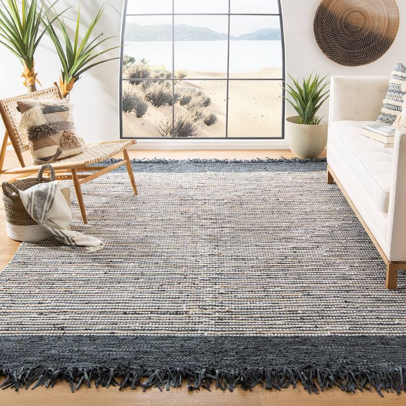 SAFAVIEH Handmade Vintage Boho Leather Zhanna Modern Stripe Leather Rug with Fringe - 8' x 10' - Dark Grey/Multi