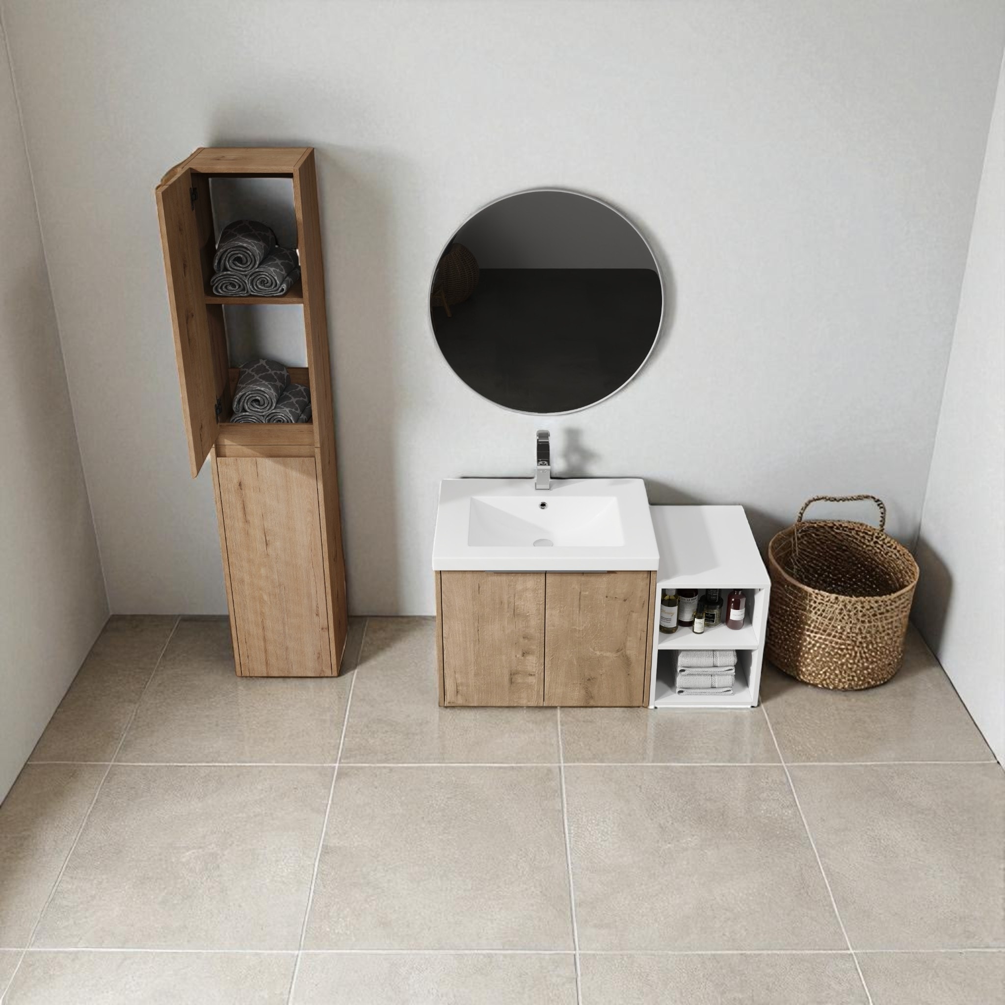 36" Wall Mounted Bathroom Vanity with Resin Sink, Side Cabinets and Shelf, Floating Cabinet Set with Soft Close Doors