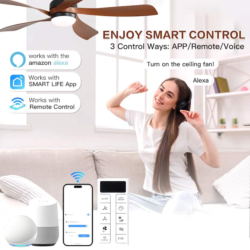 Sofucor 45 Inch Ceiling Fan with Light and Remote,Indoor/Outdoor with 3-Timer,Low Profile Quiet for Bedroom Living Room Patio