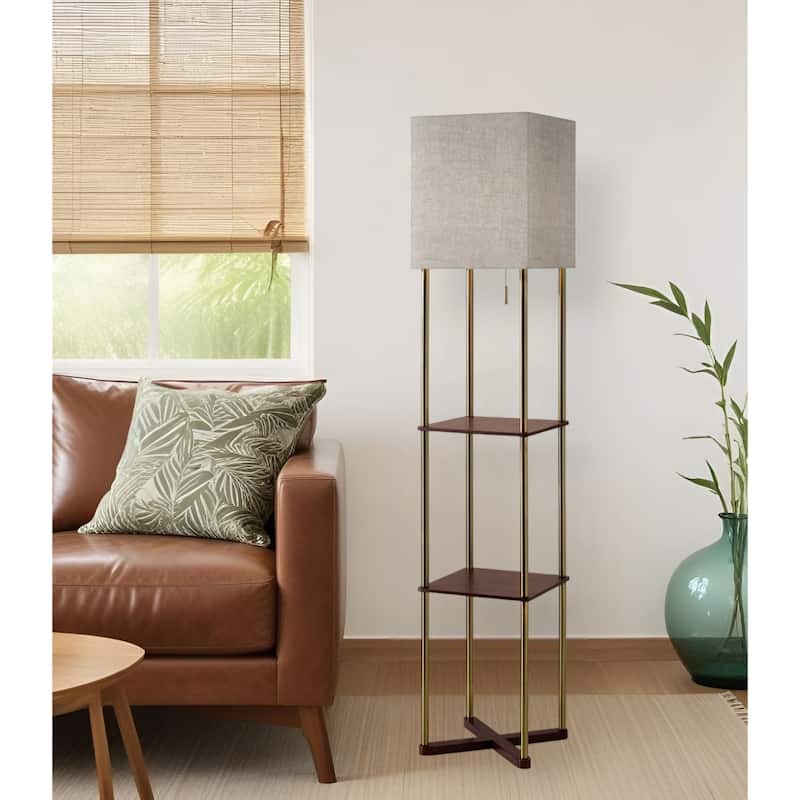 Brass Metal Column Floor Lamp with Gray Fabric Shade and USB Port 62 Inch - 12.5” x 12.5” x 62.25” (D x W x H)