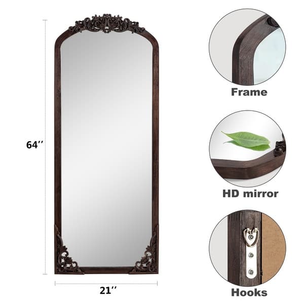 dimension image slide 3 of 13, Arched Full-Length Solid Wood Carving Floor Mirror