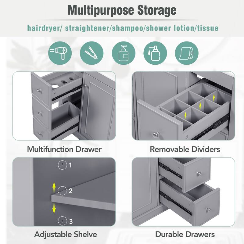 Bathroom Vanity Storage Cabinet with 4 Drawers, Removable Dividers, Adjustable U-shaped Shelf and Silver Handles