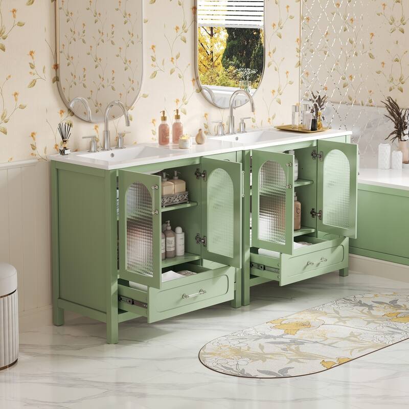 72" Bathroom Cabinet With Waffle Texture Doors,Vanity With 8 Drawers,Four Soft-Closing Doors And Double Sink Top