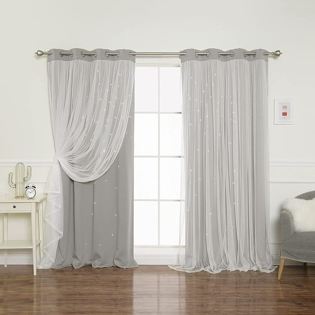 Aurora Home Star Punch Tulle Overlay Blackout Curtain Panel Pair - 52"W x 84"L - Dove