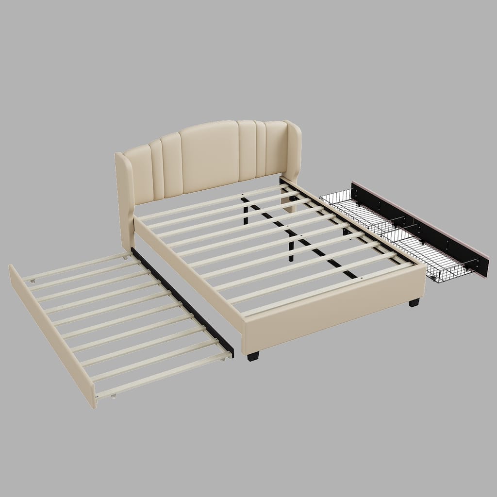 Linen Upholstered Queen Platform Bed with Wingback Headboard, Trundle and Drawers, No Box Spring