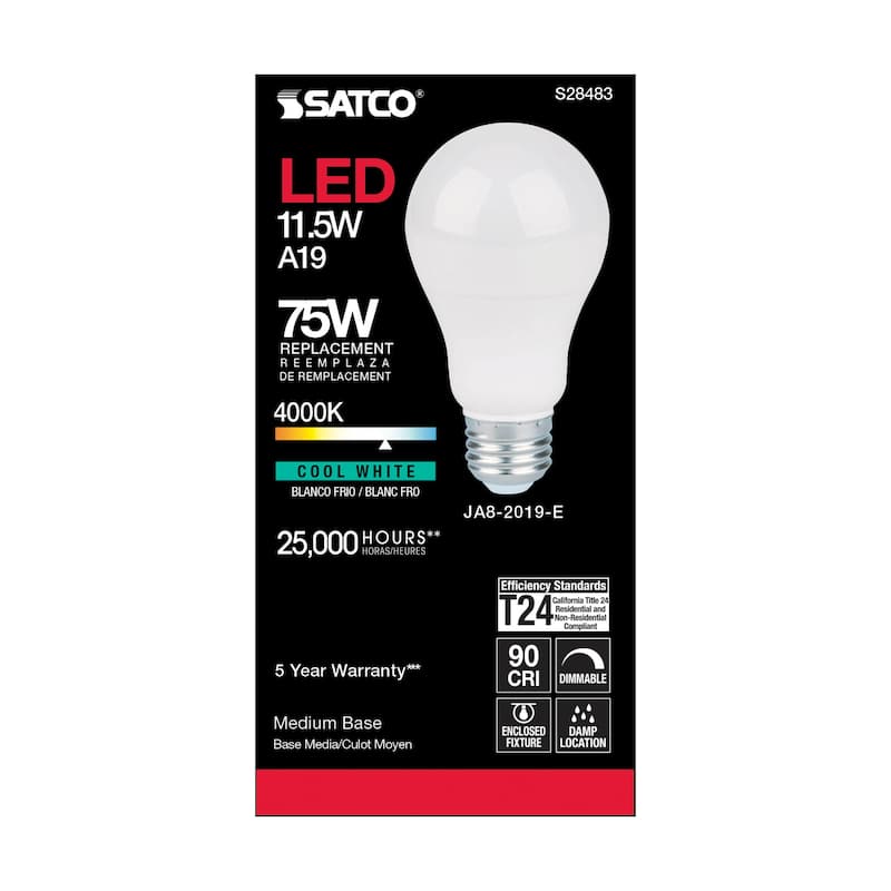 11.5 Watt A19 LED 90CRI 4000K Medium base 220 deg. Beam Angle 120 Volt 1100 Lumens CEC - White