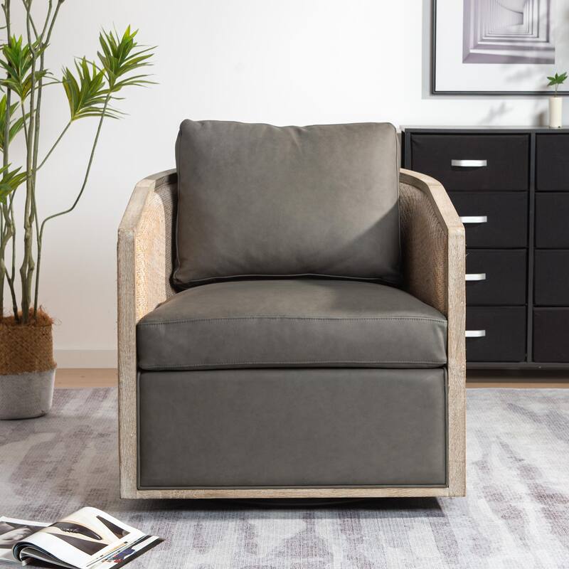 KINWELL 31"W Oak Frame Upholstered Swivel Barrel Armchair