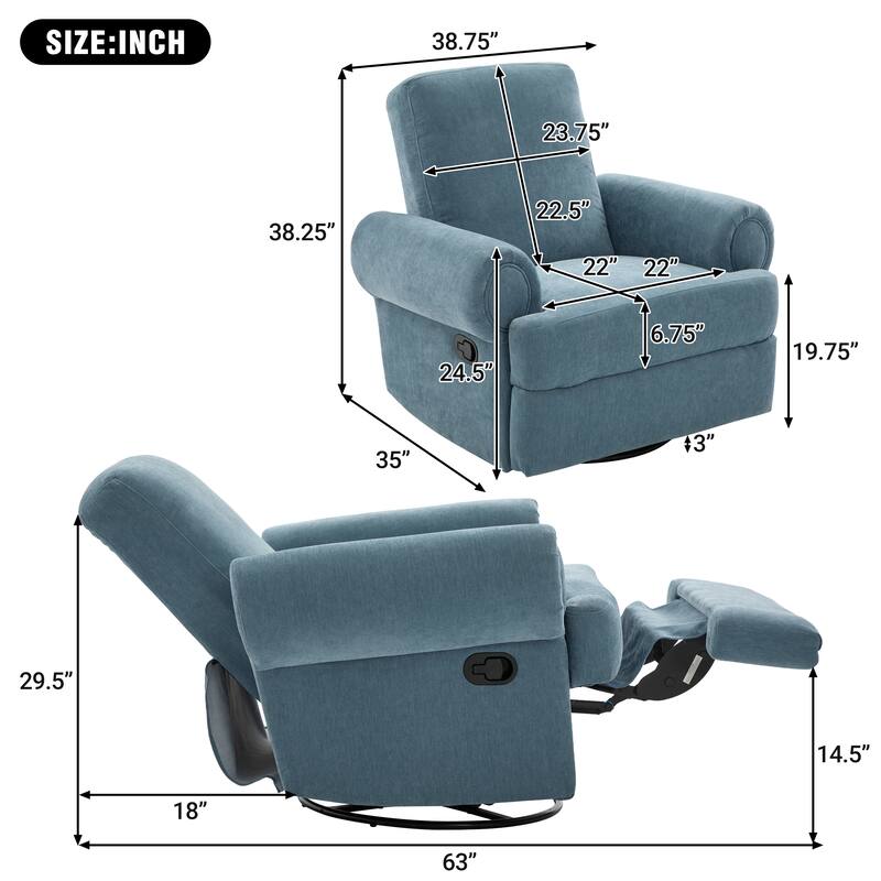 Manual Recliner Sofa Swivel Recliner Rocker Chair with Adjustable Backrest for Living Room, Bedroom, or Nursery