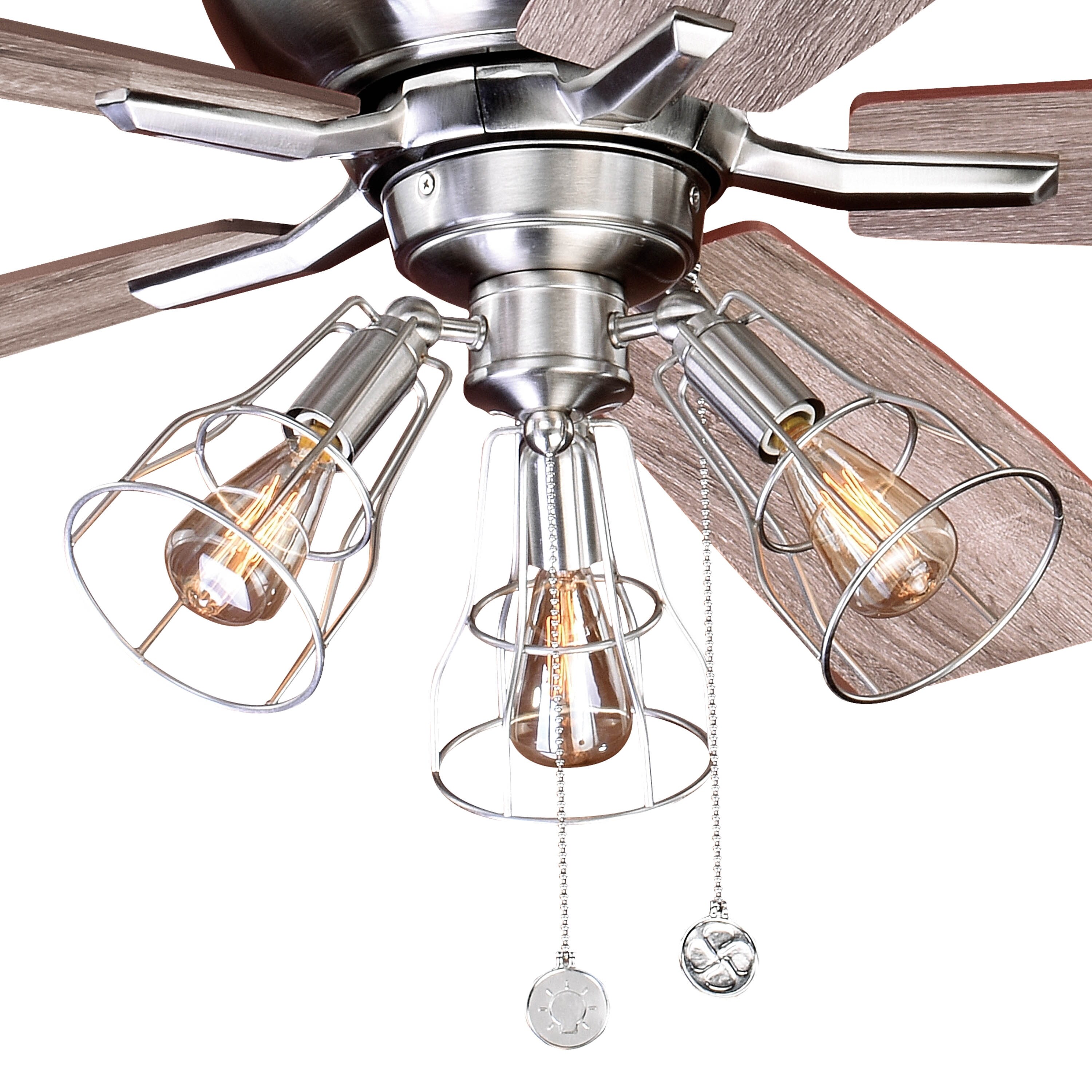 Clybourn Farmhouse Industrial 52 Inch Satin Nickel Led Ceiling Fan With Wire Cage Light 52 In W X 21 In H X 52 In D