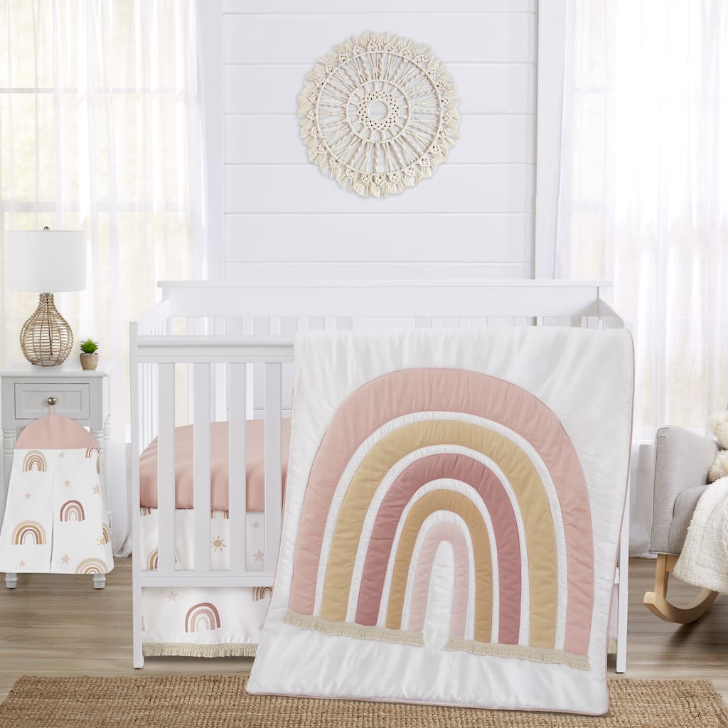 Boho Rainbow Girl 4pc Nursery Crib Bedding Set - Blush Pink Dusty Rose Gold Yellow Mauve Taupe Beige Bohemian Star Sun Celestial