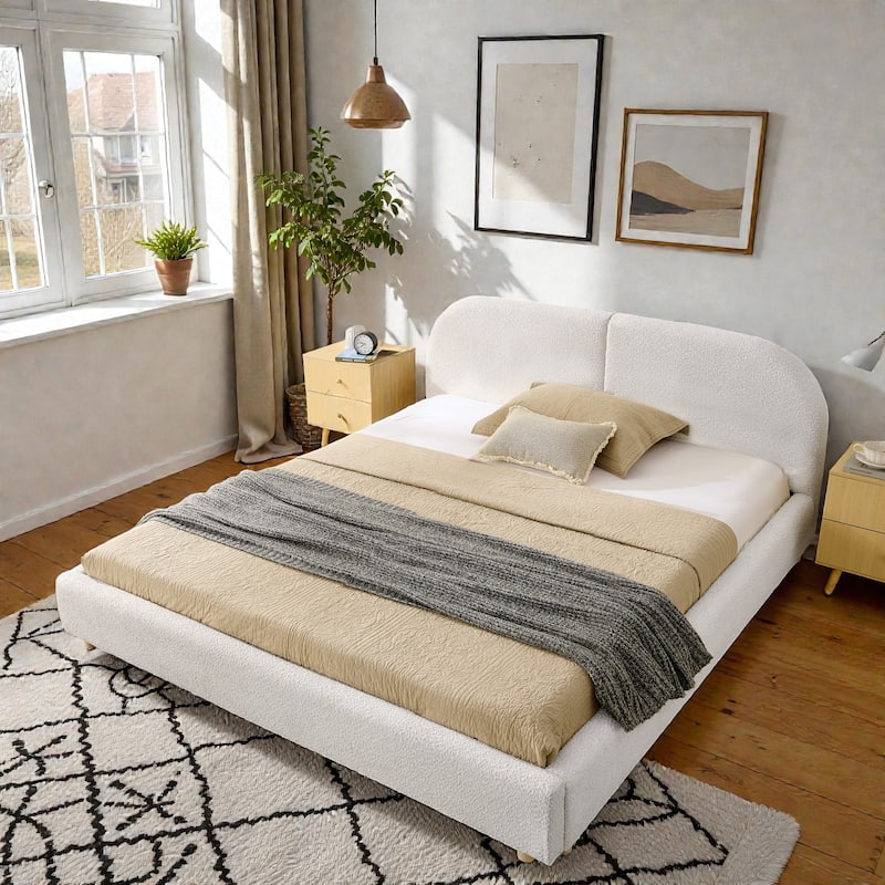 Upholstered Bed Frame with Tall Curved Headboard, Premium Circle Yarn Fabric, Modern Minimalist Platform Bed