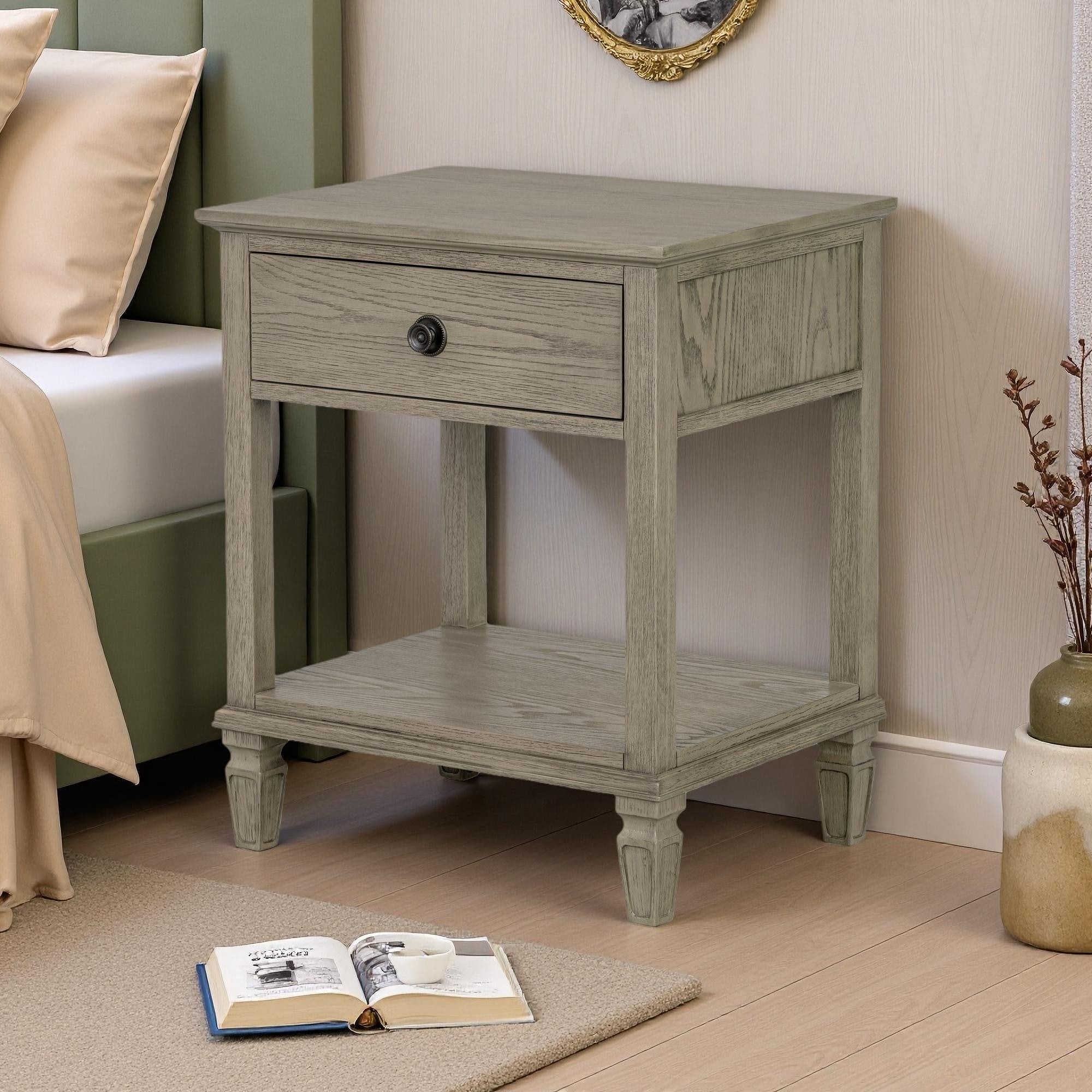 24"L French-Inspired Nightstand, 1 Drawer & Open Shelf, Oak Finish, Full-Extension Glide