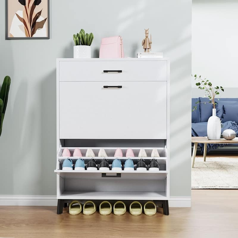 Shoe Storage Cabinet, 16 Pair Shoe Storage with 3 Drawers - White