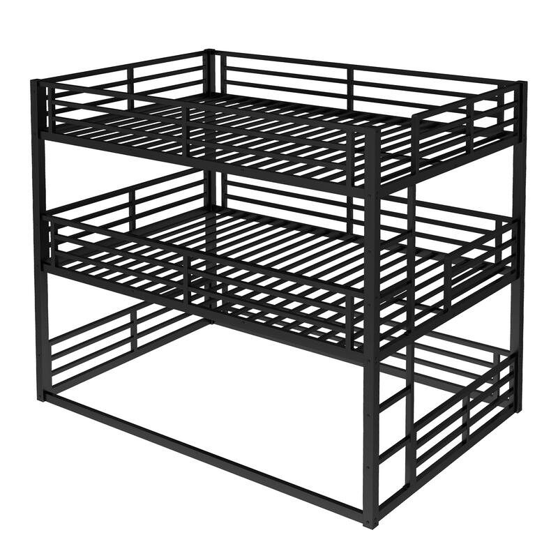Metal Triple Bunk Bed with Safety Guardrails, Queen over Queen over Queen, Space-Saving Design, Noise-Reduced, Black