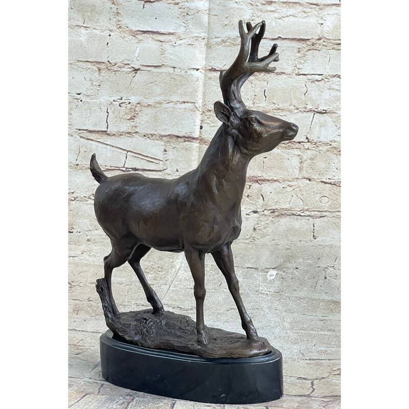 Signed Villanis Male Deer Buck Hunting Bronze Sculpture Marble Figurine Figure