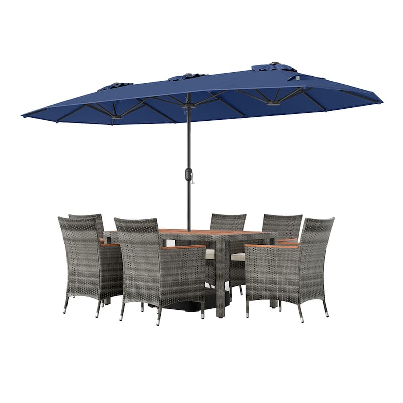 Gymax 8-Piece Patio Dining Set w/ Double-Sided Market Umbrella Acacia