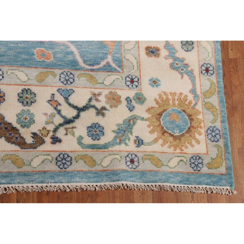 Light Blue & Ivory Floral Oushak Indian Rug Hand-Knotted Wool Carpet - 8'8"x 11'9"