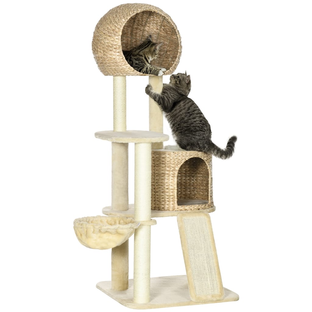 PawHut 59 Inch Cat Tree for Indoor Cats, Cat Tower with Cat Condo, Hammock, Perches, Scratching Posts, Ramp for Large Cats