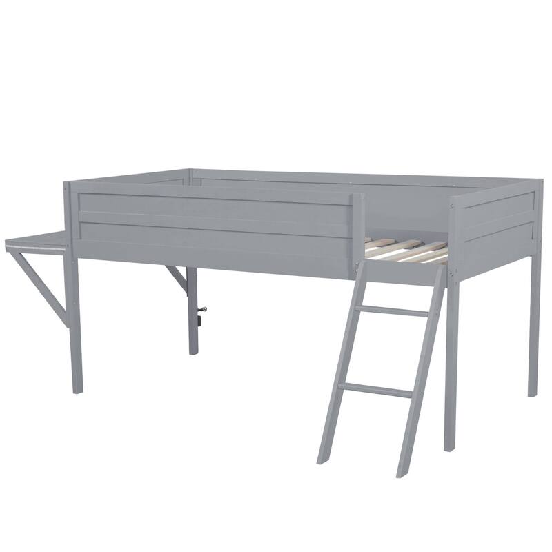 Twin Size Wood Gaming Loft Bed with Desk and LED, Grey