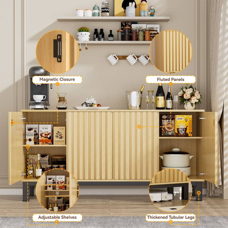 Meyreso 63 Inch Fluted Buffet Cabinet with Shelves & 4 Doors
