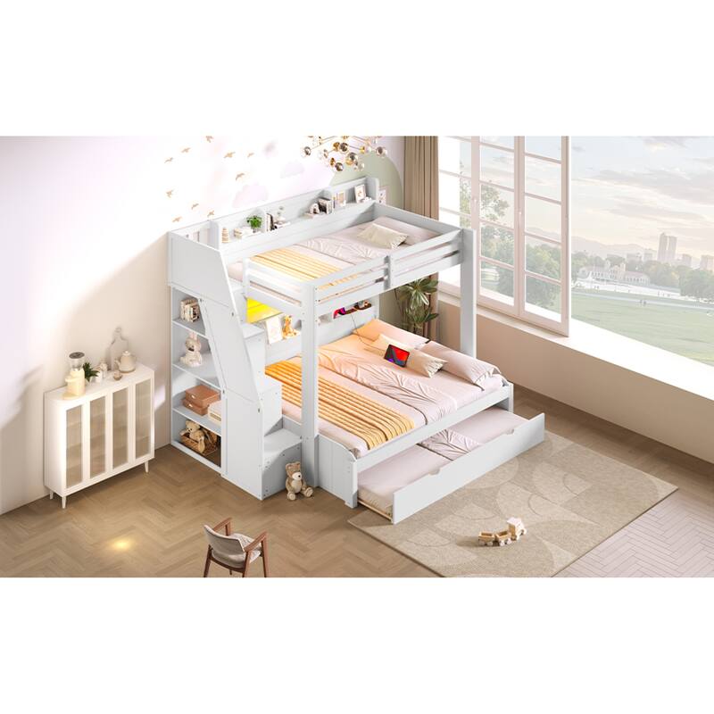 Roomfitters Twin Over Full Bunk Bed with Storage Staircase, Trundle, LED and USB