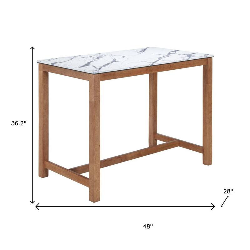 HomeRoots 48" White and Natural Faux Marble and Solid Wood Rectangular Bar Table - 48.00 in. x 36.20 in. x 28.00 in.