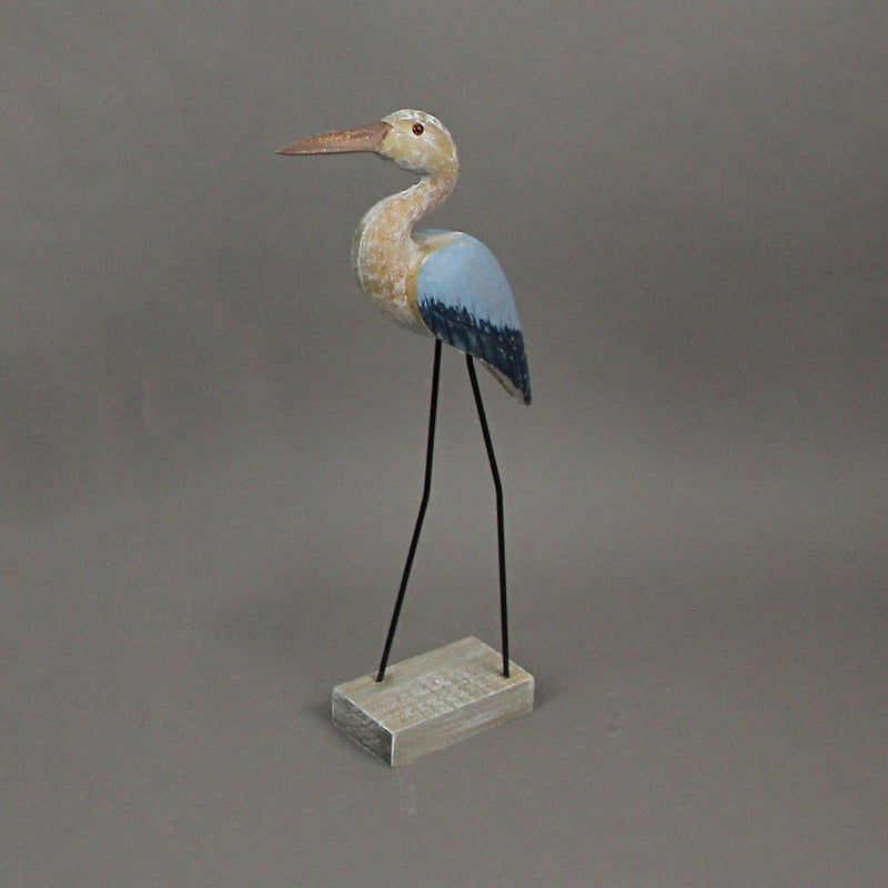 16 Inch Hand Carved Wood Blue Heron Bird Statue Sculpture Art - 15.5 X 7 X 2.5 inches