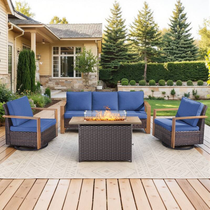 Meyreso Wicker Outdoor Patio Fire Pit Set with Swivel Gliders & 4.5" Olefin Cushions