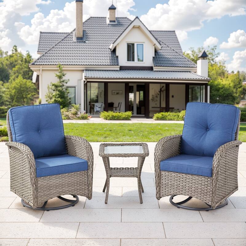 Gymojoy Patio Furniture Set Outdoor Wicker Swivel Glider Chairs Set - 3-Piece - Grey Wicker / Blue Cushion