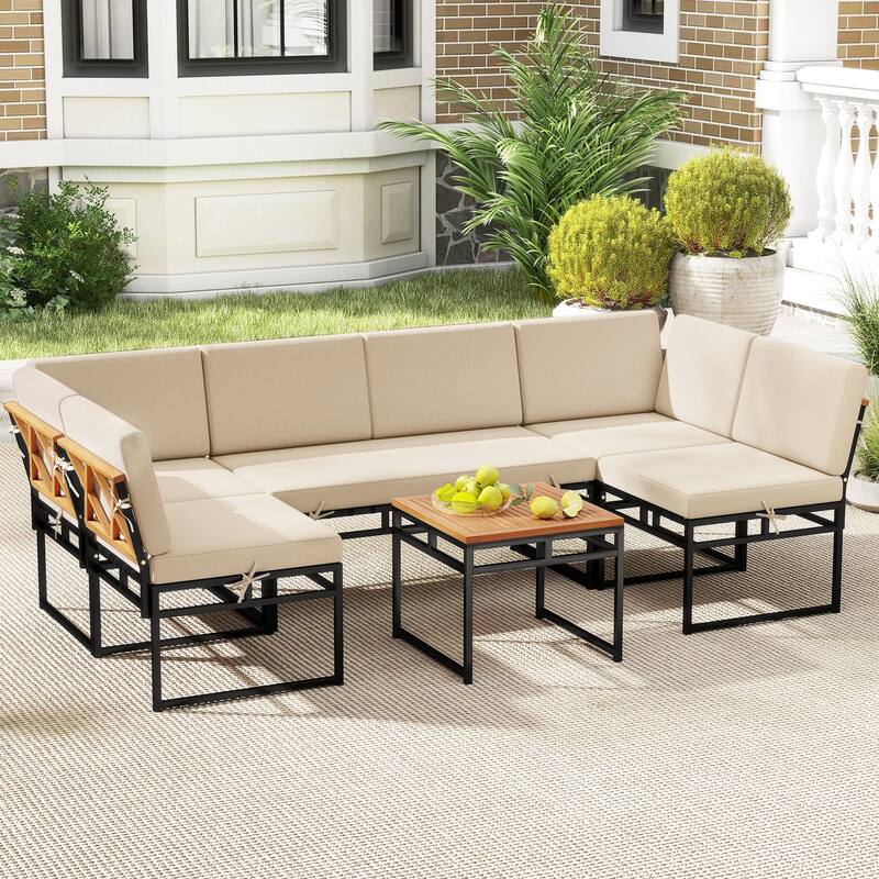 6-Piece Patio Sectional Sofa Set with Acacia Wood Frame and Beige Cushions Including Coffee Table - 25.5" x 43.5" x 26"