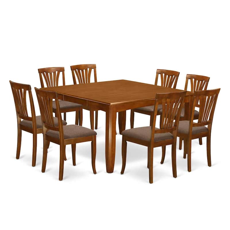 HomeStock 9-Piece Square Saddle Brown Finish Solid Wood Top Dining Table with 8-Chairs
