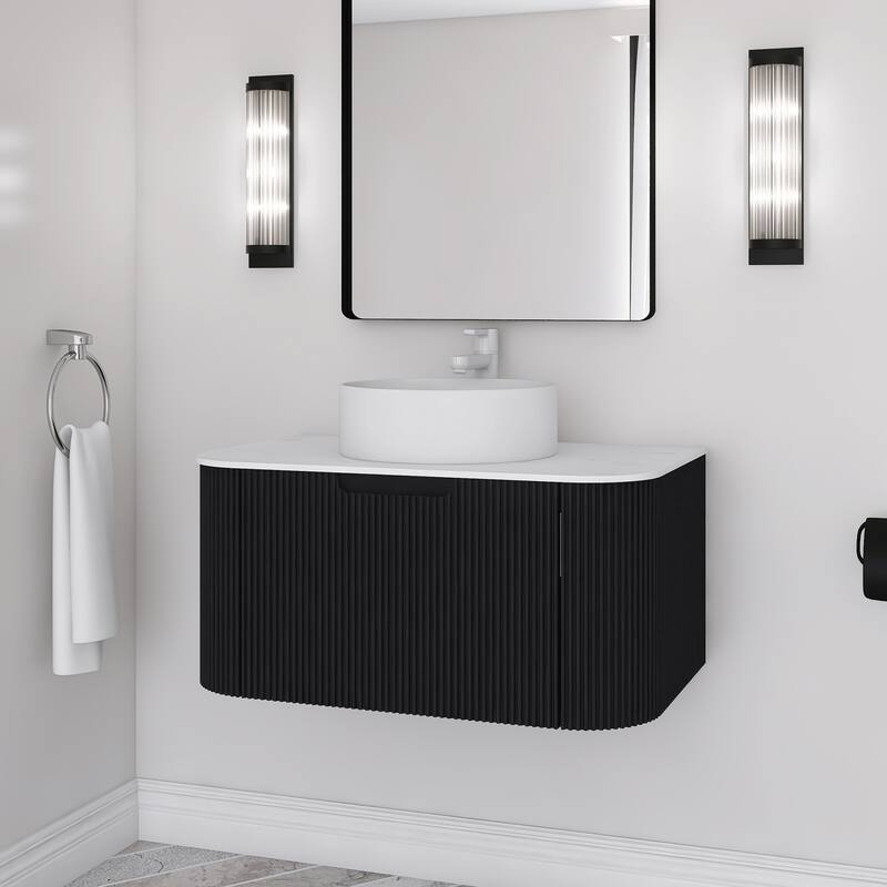 Plywood Wall-Mounted Bathroom Vanity Set with Integrated Ceramic Sink in Natural Wood