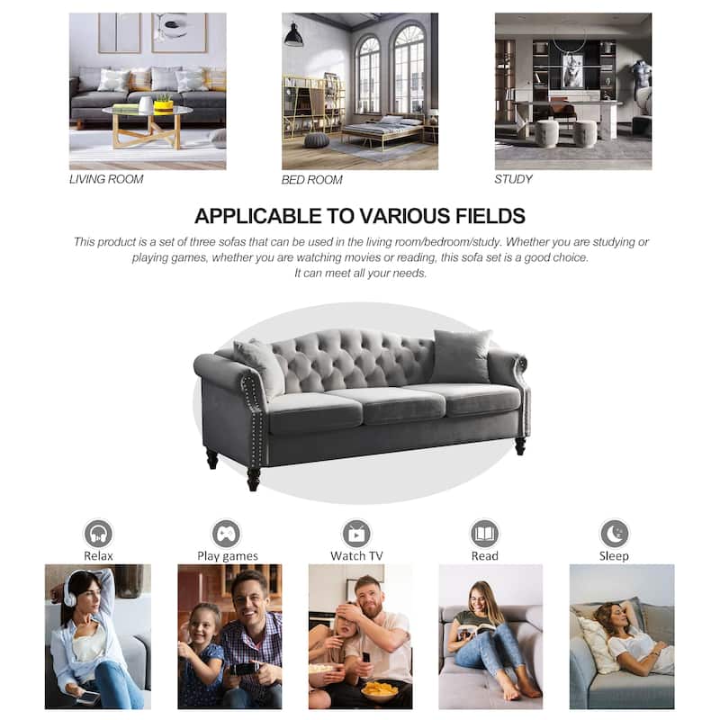 Chesterfield 3-Seater Upholstered Tufted Sofa with Rolled Arms and Nailhead