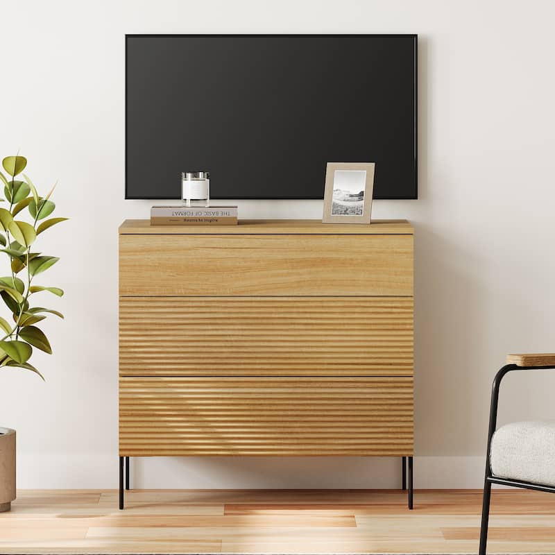 31.5" Reeded Dresser TV Stand, Modern Minimalist Entertainment Center, Wooden TV Console  - 1PC - Oak