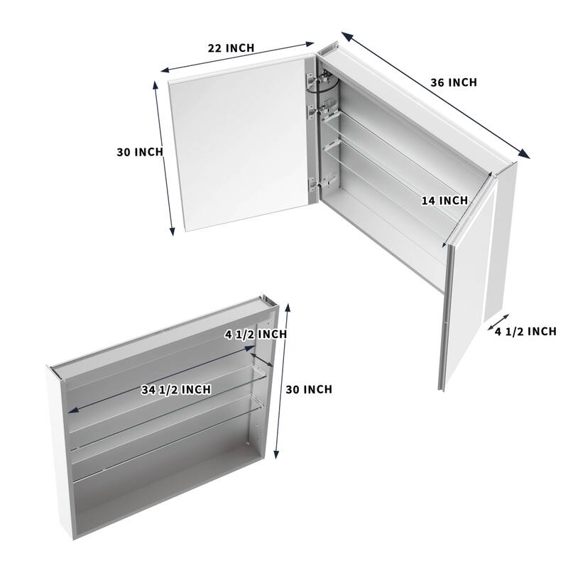 Modland 36"-48"W x 30"H LED Bathroom Medicine Cabinet Dimmable Anti-Fog,Recessed or Surface Mount