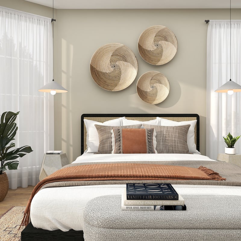 Brown Seagrass Handmade Spiral Basket Plate Home Wall Decor (Set of 3)