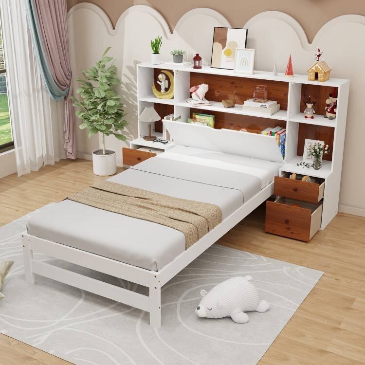 White Walnut Pine Wood 3-in-1 Twin Bed Frame with Bookcase Headboard and Nightstands