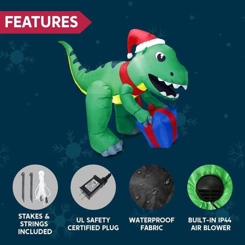 Joyfy 5ft Tall Dinosaur Inflatable with LED-lit Gift Box for Outdoor Xmas Décor