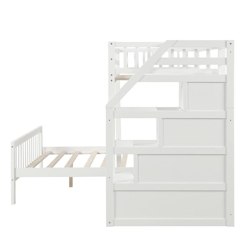 Twin Over Full Bunk Bed, Wood L-Shaped Bunk Beds with Storage Stairs,Bunk Bed Frame with Guardrails and Ladder,White