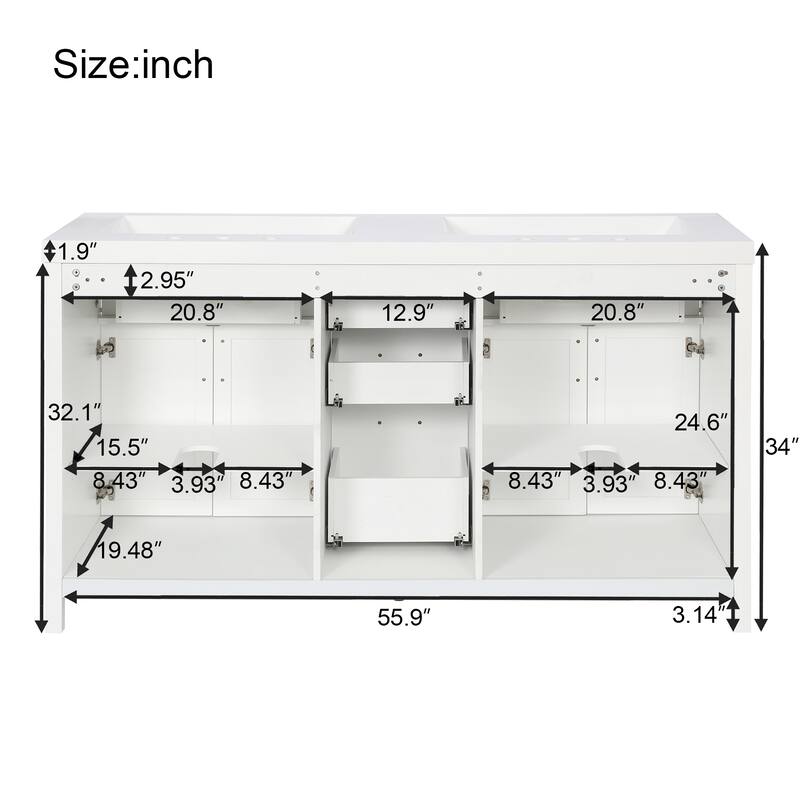 59.3" Modern Double Bathroom Vanity, Solid Wood Frame with SMC Sinks, Soft-Close Doors & Drawers