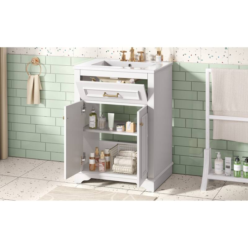 24" Bathroom Vanity with Integrated Ceramic Sink, Bathroom Cabinet with 2 Doors, 1 Tip-Out Drawer