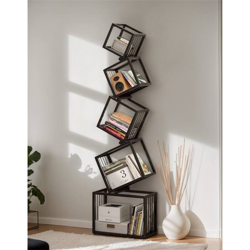 Modern Corner Bookshelf Floor Shelf Wrought Iron Display Rack(Bear Weight:35kg) - Black
