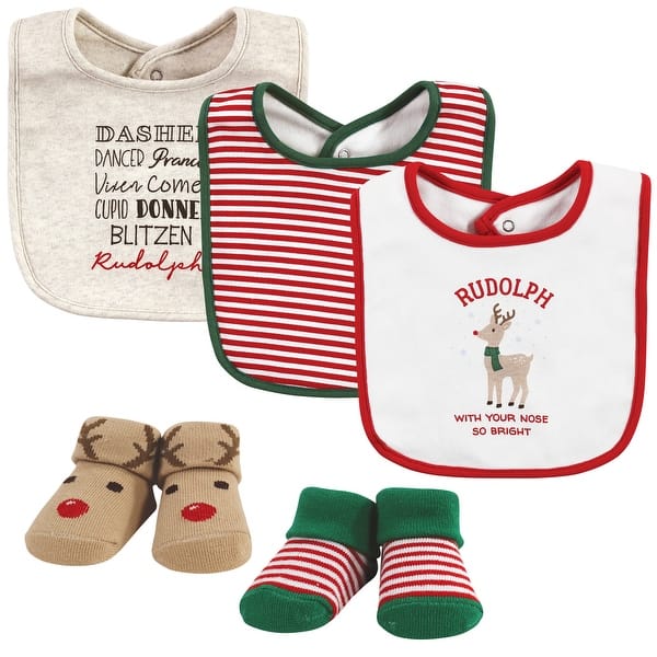 slide 1 of 1, Hudson Baby Unisex Baby Cotton Bib and Sock Set, Rudolph, One Size - Rudolph - One Size One Size - Rudolph